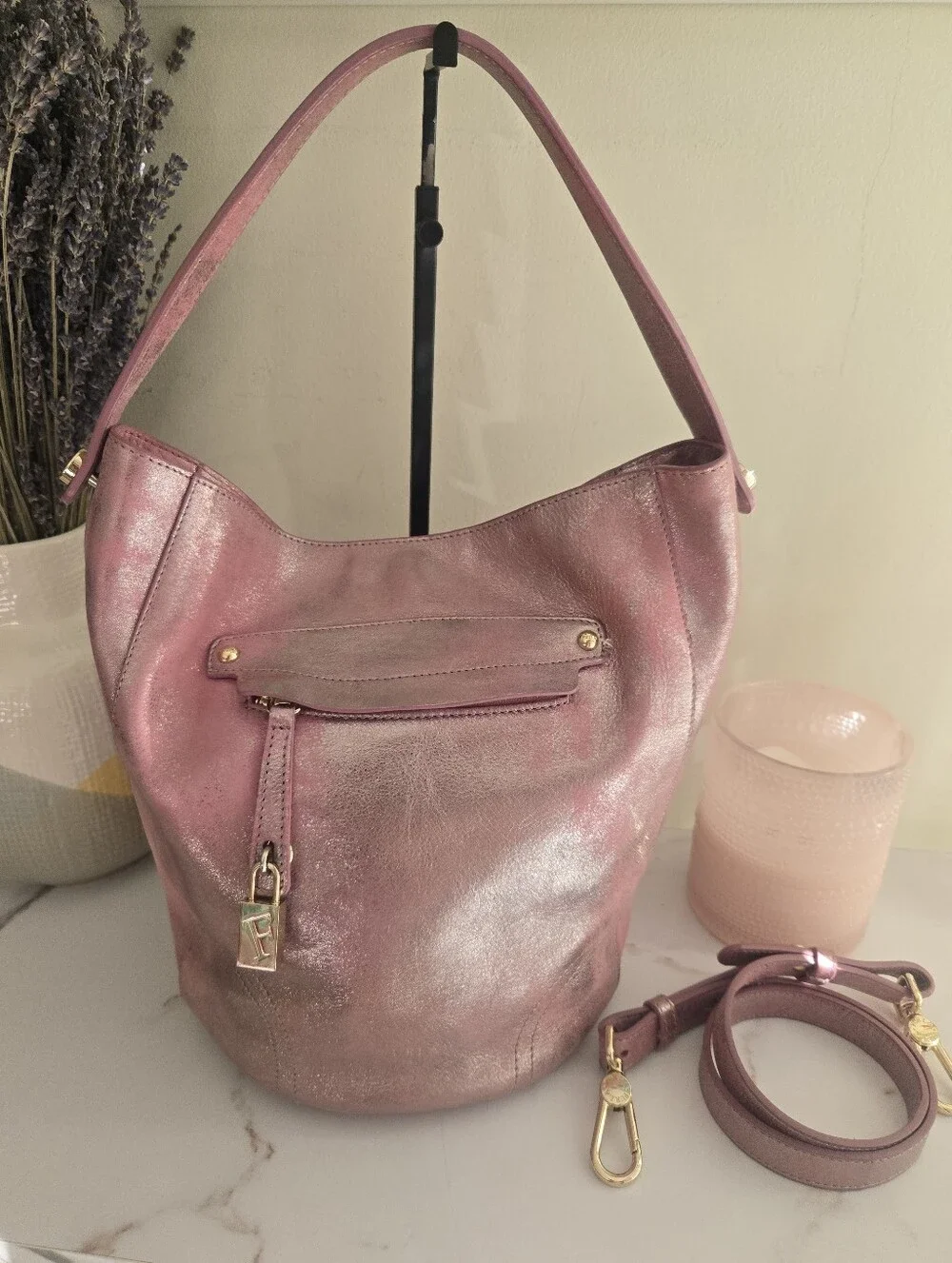 GUC Furla Pink Metallic Leather Hobo Bucket Bag With Strap